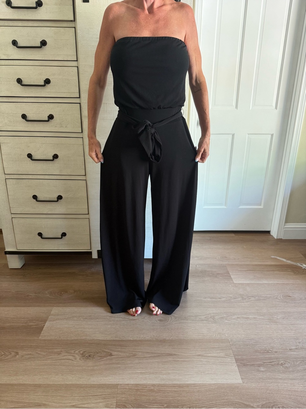 Strapless Black Wide-Leg Jumpsuit with Waist Tie